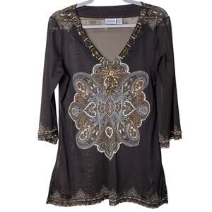 Vintage Chicos Brown Sheer Mesh Beaded Tunic Top Boho Whimsigoth Fairy Hippie M